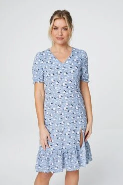 Bird Print Short Sleeve Tea Dress -Hallmark Style D156123 BLUE 3