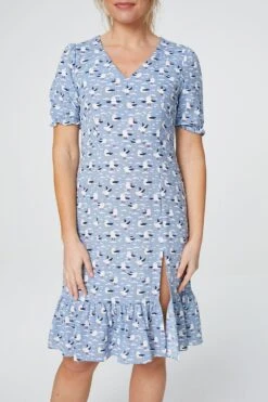 Bird Print Short Sleeve Tea Dress -Hallmark Style D156123 BLUE 4