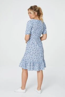 Bird Print Short Sleeve Tea Dress -Hallmark Style D156123 BLUE 5