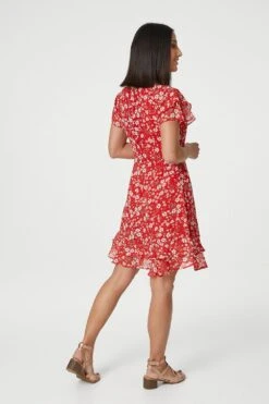 Ditsy Floral Frilled Sleeve Dress -Hallmark Style D157139 MULTIRED 6