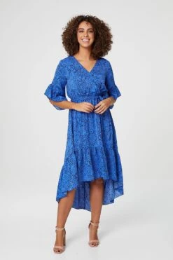 Ditsy Print Wrap Front Midi Dress -Hallmark Style D157214 BLUE 1