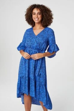 Ditsy Print Wrap Front Midi Dress -Hallmark Style D157214 BLUE 2