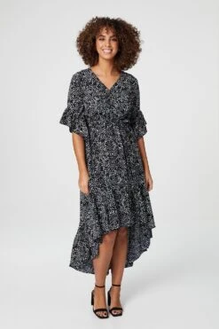 Ditsy Print Wrap Front Midi Dress -Hallmark Style D157214 NAVY 1