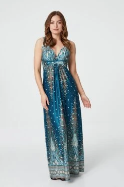 Peacock Print A-Line Maxi Dress -Hallmark Style D157279 MULTI GREEN 1