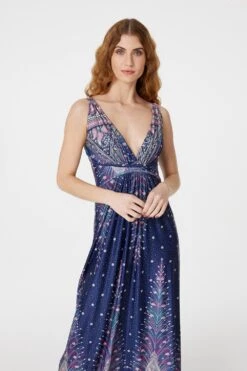 Peacock Print A-Line Maxi Dress -Hallmark Style D157279 MULTI NAVY 2