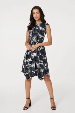 Leaf Print Knot Front Skater Dress -Hallmark Style D158466 MULTI GREY 1