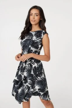 Leaf Print Knot Front Skater Dress -Hallmark Style D158466 MULTI GREY 2
