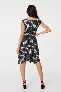 Leaf Print Knot Front Skater Dress -Hallmark Style D158466 MULTI GREY 4