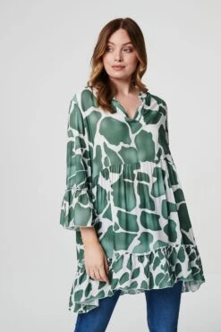 Printed Tiered Short Smock Dress -Hallmark Style D160005 KHAKI 3