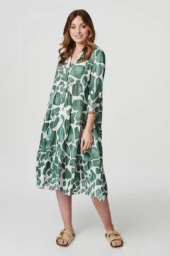 Printed Tiered Midi Smock Dress