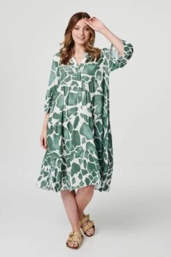 Printed Tiered Midi Smock Dress -Hallmark Style D160006 KHAKI 2