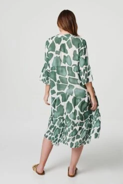 Printed Tiered Midi Smock Dress -Hallmark Style D160006 KHAKI 3