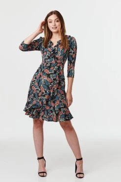 Floral 3/4 Sleeve Frilled Dress 9 Floral 3/4 Sleeve Frilled Dress -Hallmark Style D160200 MULTI BLACK 1