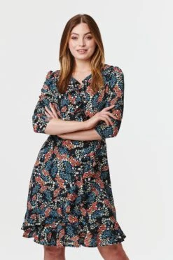 Floral 3/4 Sleeve Frilled Dress 10 Floral 3/4 Sleeve Frilled Dress -Hallmark Style D160200 MULTI BLACK 3