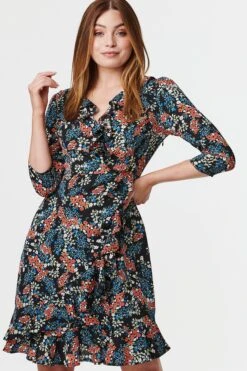 Floral 3/4 Sleeve Frilled Dress