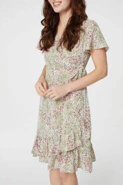 Ditsy Wrap Front Short Dress -Hallmark Style D160371 GREEN 3