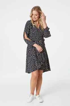 Ditsy Print Wrap Front Dress -Hallmark Style D160379 MULTI NAVY 2
