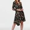 Floral Long Sleeve Wrap Front Dress -Hallmark Style D160383 MULTI BLACK 1