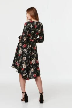 Floral Long Sleeve Wrap Front Dress -Hallmark Style D160383 MULTI BLACK 2
