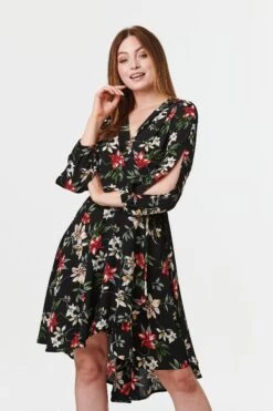 Floral Long Sleeve Wrap Front Dress -Hallmark Style D160383 MULTI BLACK 3