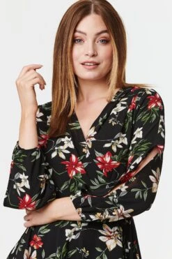 Floral Long Sleeve Wrap Front Dress -Hallmark Style D160383 MULTI BLACK 5