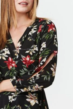 Floral Long Sleeve Wrap Front Dress -Hallmark Style D160383 MULTI BLACK 6