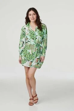 Retro Floral Mini Shirt Dress -Hallmark Style D160608 MULTI GREEN 6