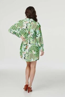 Retro Floral Mini Shirt Dress -Hallmark Style D160608 MULTI GREEN 8