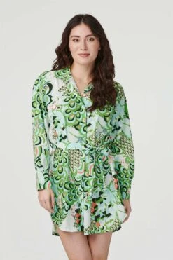 Retro Floral Mini Shirt Dress -Hallmark Style D160608 MULTI GREEN 9