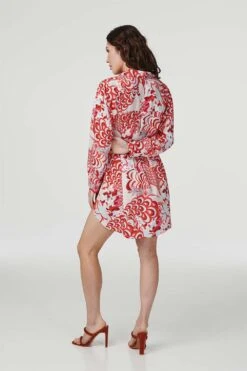 Retro Floral Mini Shirt Dress -Hallmark Style D160608 MULTI RED 8