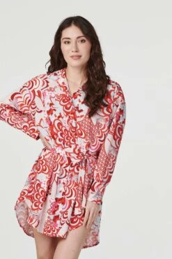 Retro Floral Mini Shirt Dress -Hallmark Style D160608 MULTI RED 9