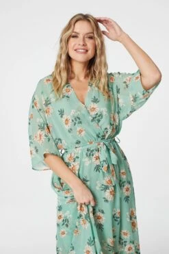 Floral 3/4 Sleeve Midi Wrap Dress -Hallmark Style D160871 GREEN 3