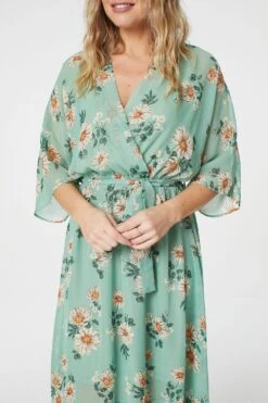 Floral 3/4 Sleeve Midi Wrap Dress -Hallmark Style D160871 GREEN 4