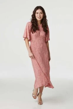 Ditsy Floral Flared Sleeve Midi Dress -Hallmark Style D160975 CORAL 1