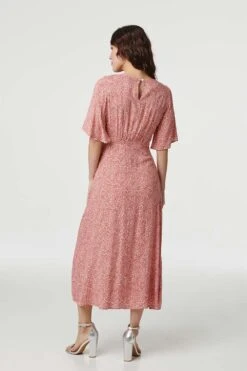 Ditsy Floral Flared Sleeve Midi Dress -Hallmark Style D160975 CORAL 3