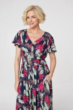 Leaf PrintMidi Skater Dress -Hallmark Style D160986 NAVY 3