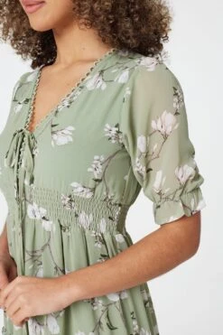 Floral Tie Front Midi Tea Dress -Hallmark Style D161662 SAGE 3