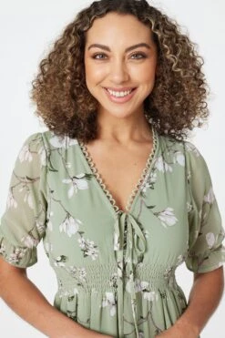 Floral Tie Front Midi Tea Dress -Hallmark Style D161662 SAGE 4