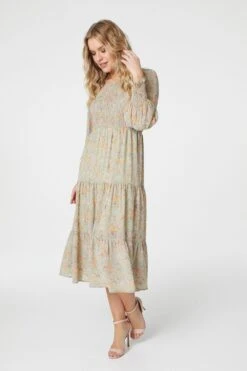 Vintage Floral Shirred Midi Dress