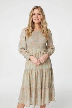 Vintage Floral Shirred Midi Dress -Hallmark Style D162109 SAGE 8