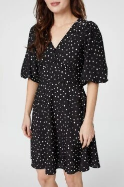 Polka Dot 1/2 Sleeve Skater Dress -Hallmark Style D162155 BLACK 3