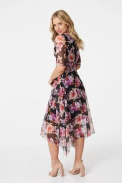 Floral Wrap Front Mesh Midi Dress -Hallmark Style D162272 MULTI ORANGE 6