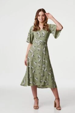 Bird Print Midi Wrap Dress -Hallmark Style D162389 SAGE 2