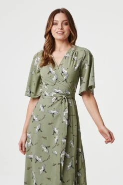 Bird Print Midi Wrap Dress -Hallmark Style D162389 SAGE 5