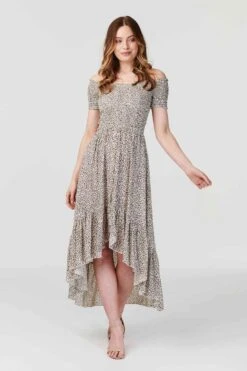 Ditsy Print Off The Shoulder Dress 12 Ditsy Print Off The Shoulder Dress -Hallmark Style D162956 BROWN 2