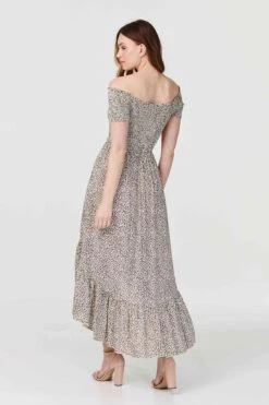 Ditsy Print Off The Shoulder Dress 11 Ditsy Print Off The Shoulder Dress -Hallmark Style D162956 BROWN 5