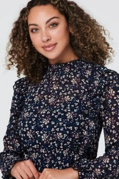 Floral Frilled Sleeve Skater Dress -Hallmark Style D163083 NAVY 4