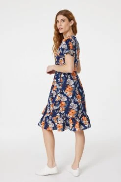Floral Knee Length Wrap Dress -Hallmark Style D163093 MULTI NAVY 6