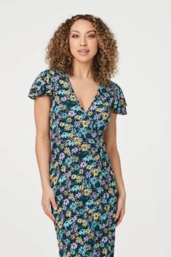 Floral Frilled Sleeve Maxi Dress -Hallmark Style D163257 MULTI BLUE 3