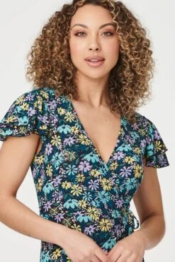 Floral Frilled Sleeve Maxi Dress -Hallmark Style D163257 MULTI BLUE 5